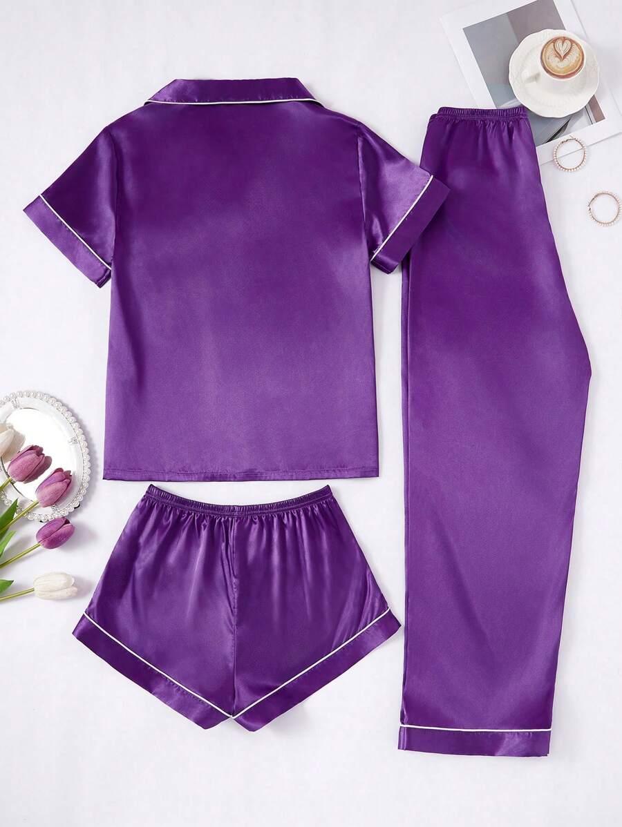 3 Piece Satin Pajamas – Button Front Shirt Shorts and Pants Set-Secret Slim Wear