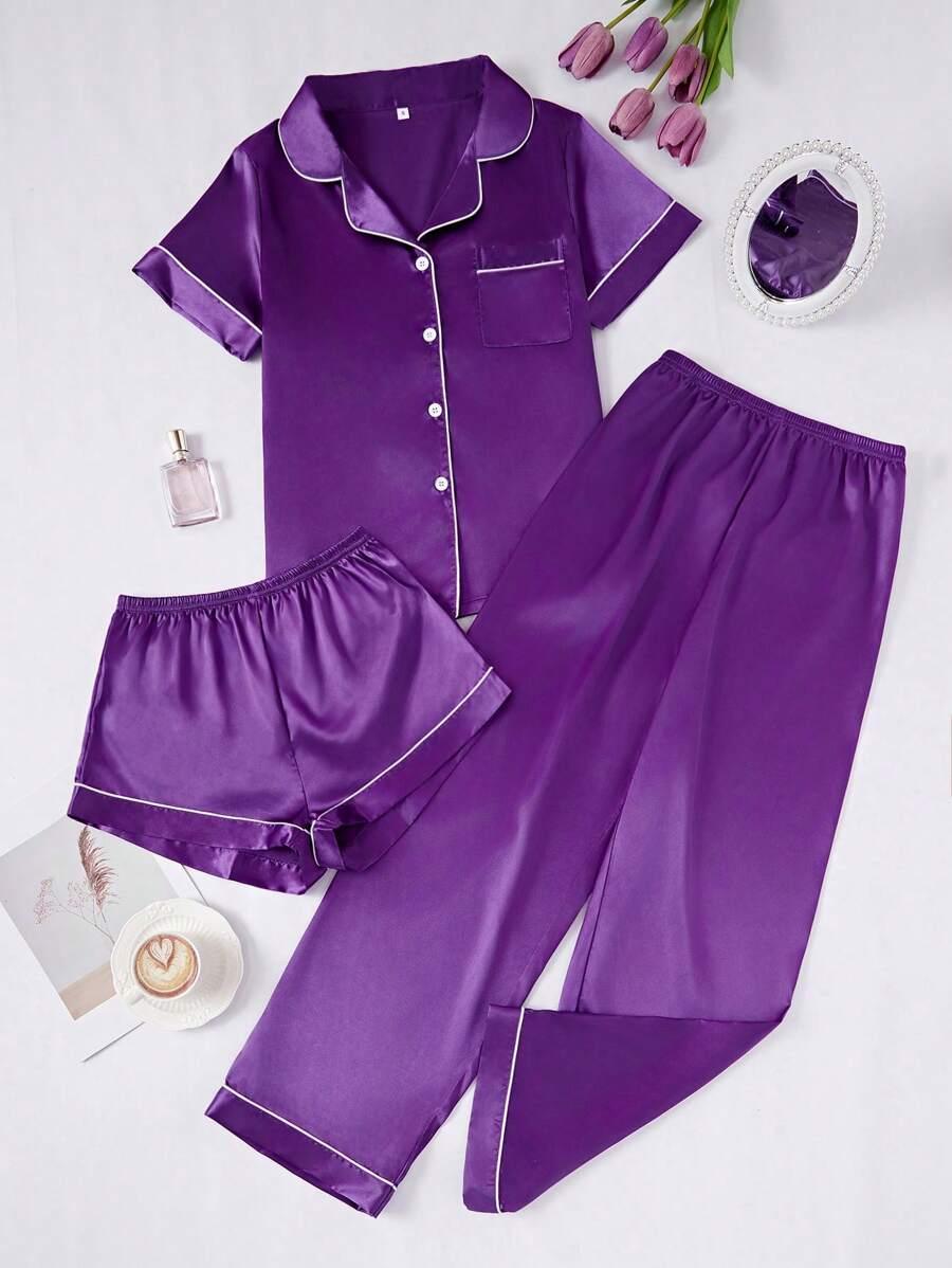 3 Piece Satin Pajamas – Button Front Shirt Shorts and Pants Set-Secret Slim Wear