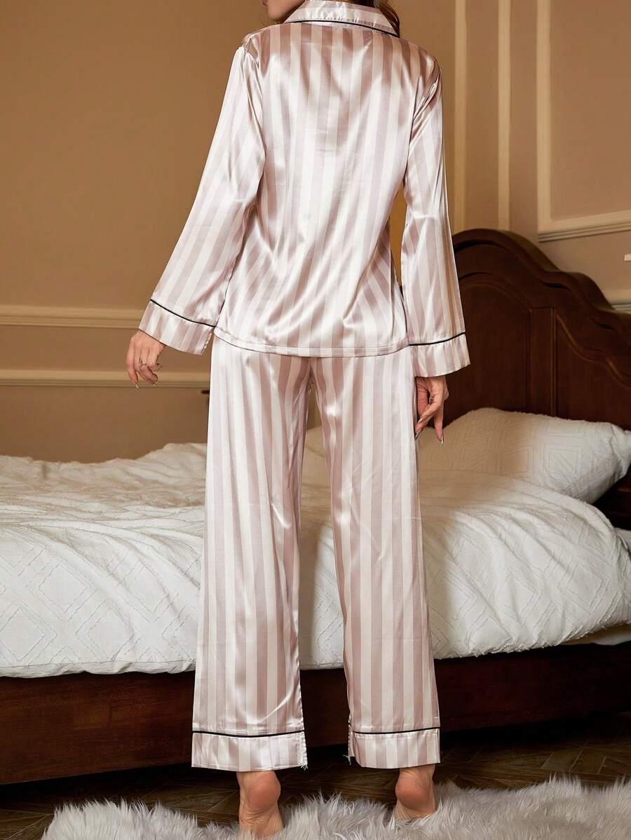 Striped Satin Pajama Set – Elegant And Comfortable Sleepwear-Secret Slim Wear
