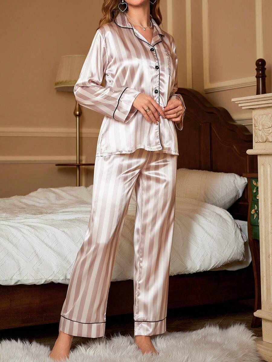 Striped Satin Pajama Set – Elegant And Comfortable Sleepwear-Secret Slim Wear