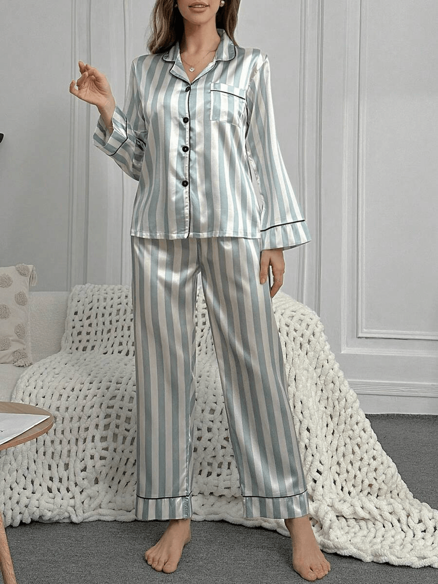 Striped Satin Pajama Set – Elegant And Comfortable Sleepwear-Secret Slim Wear