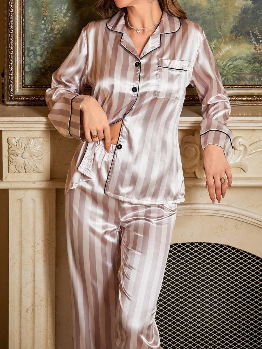 Striped Satin Pajama Set – Elegant And Comfortable Sleepwear-Secret Slim Wear