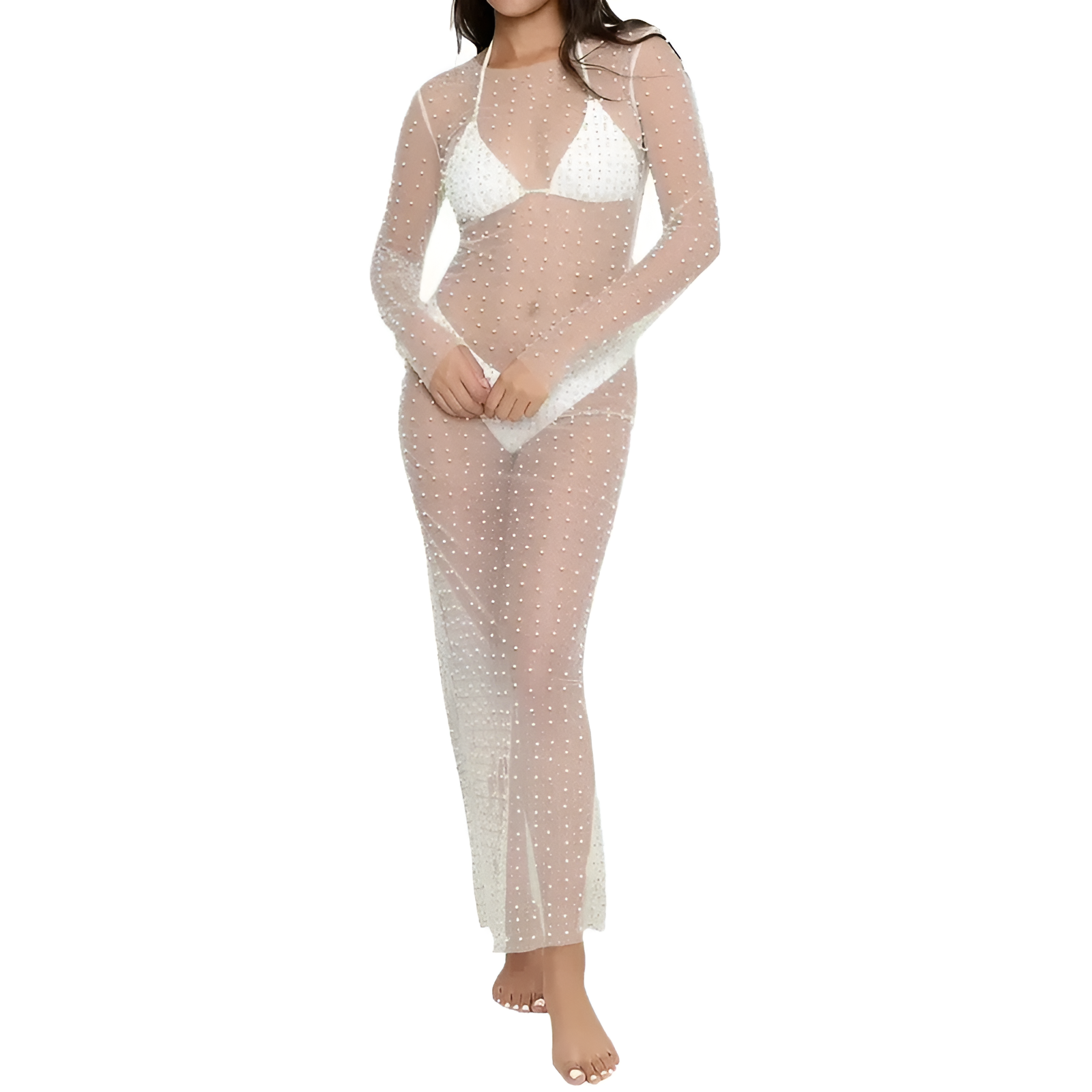 Mesh Bikini Cover Up Dress With Pearl Detail For Women