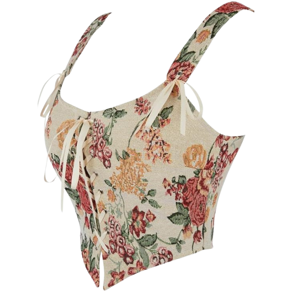 Vintage Floral Print Women Grommet Lace Up Tie Front Corset