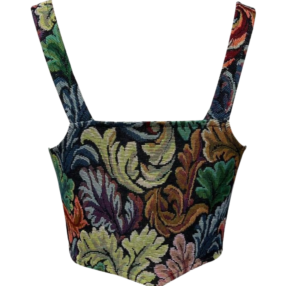 Vintage Floral Print Women Grommet Lace Up Tie Front Corset