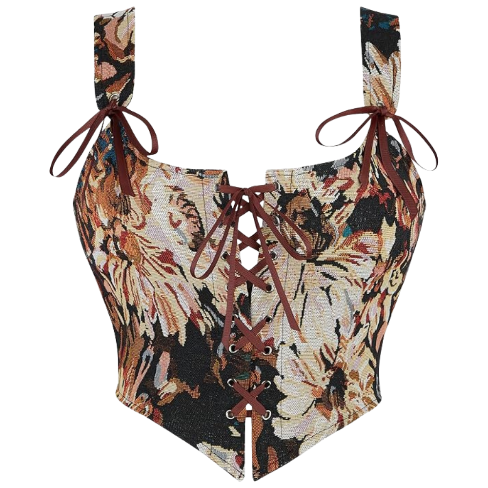Vintage Floral Print Women Grommet Lace Up Tie Front Corset