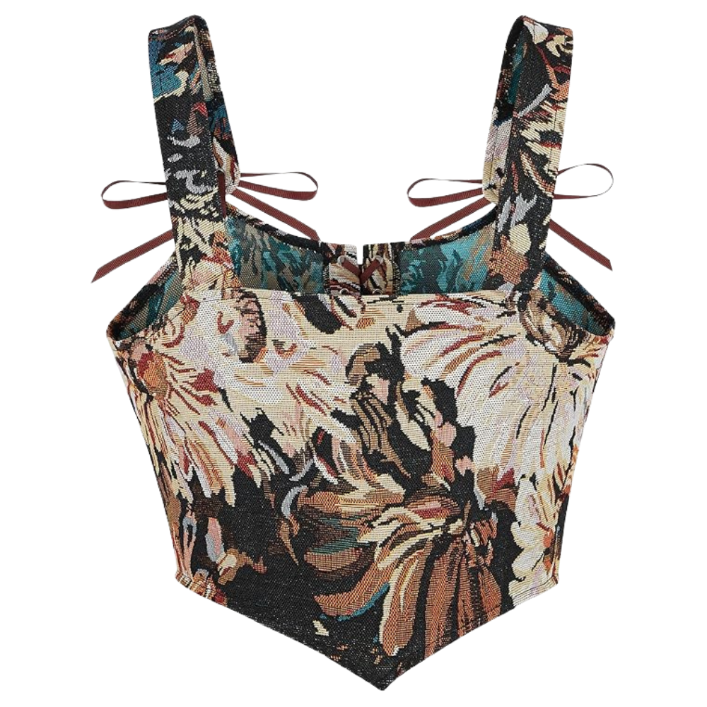 Vintage Floral Print Women Grommet Lace Up Tie Front Corset
