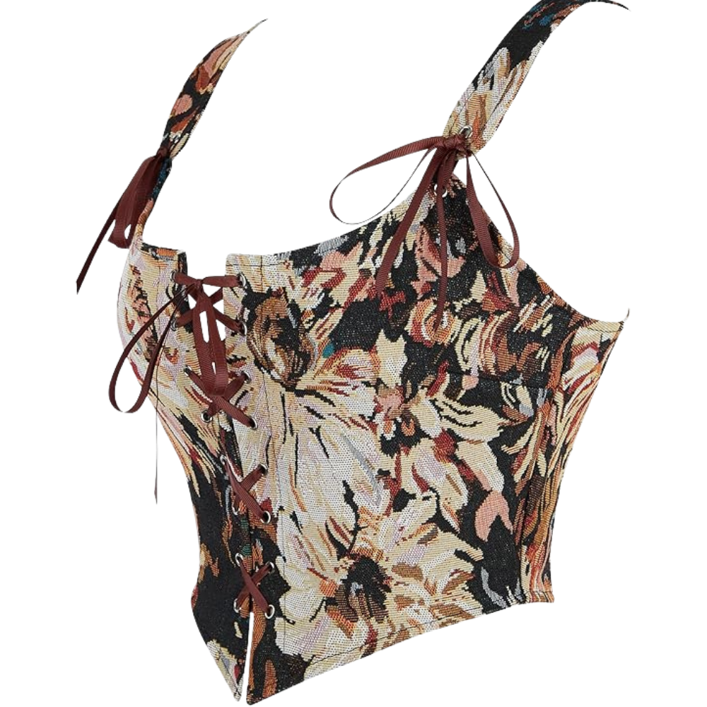 Vintage Floral Print Women Grommet Lace Up Tie Front Corset