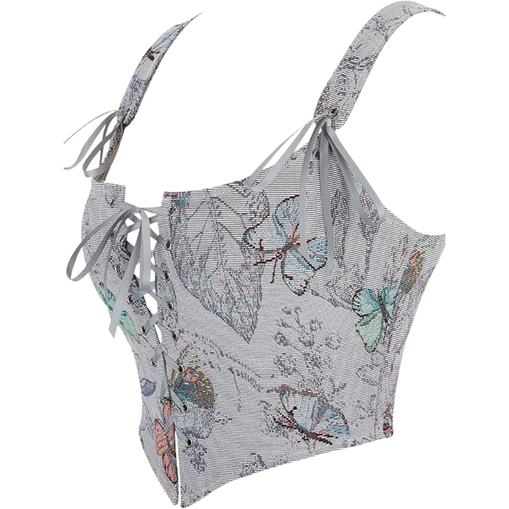 Vintage Floral Print Women Grommet Lace Up Tie Front Corset