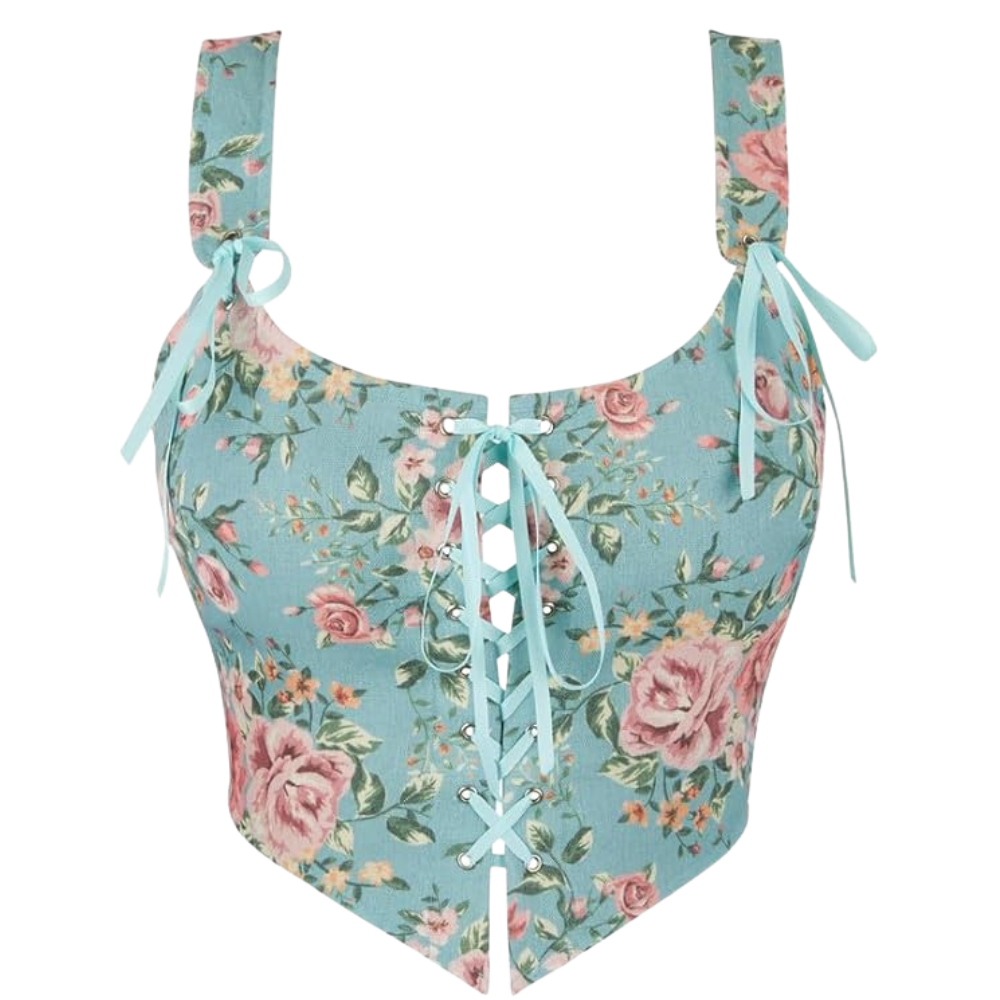 Vintage Floral Print Women Grommet Lace Up Tie Front Corset