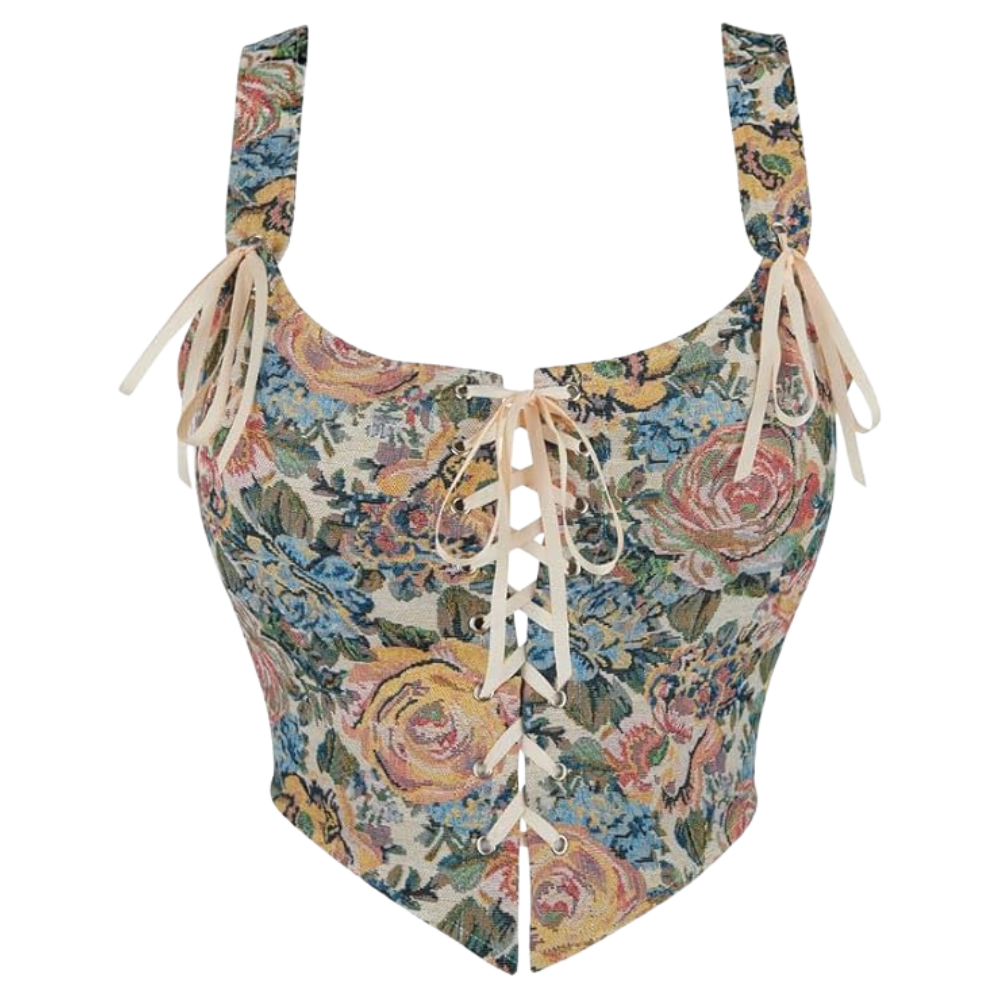 Vintage Floral Print Women Grommet Lace Up Tie Front Corset