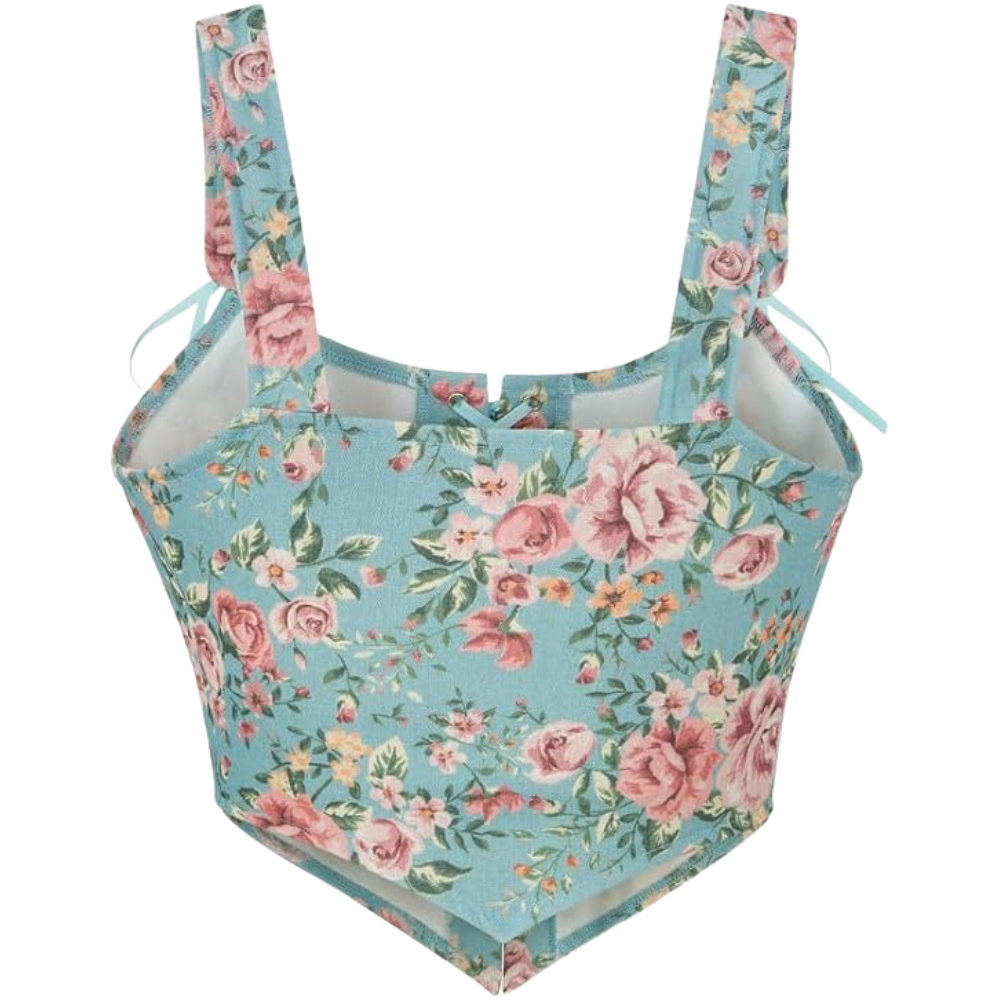 Vintage Floral Print Women Grommet Lace Up Tie Front Corset