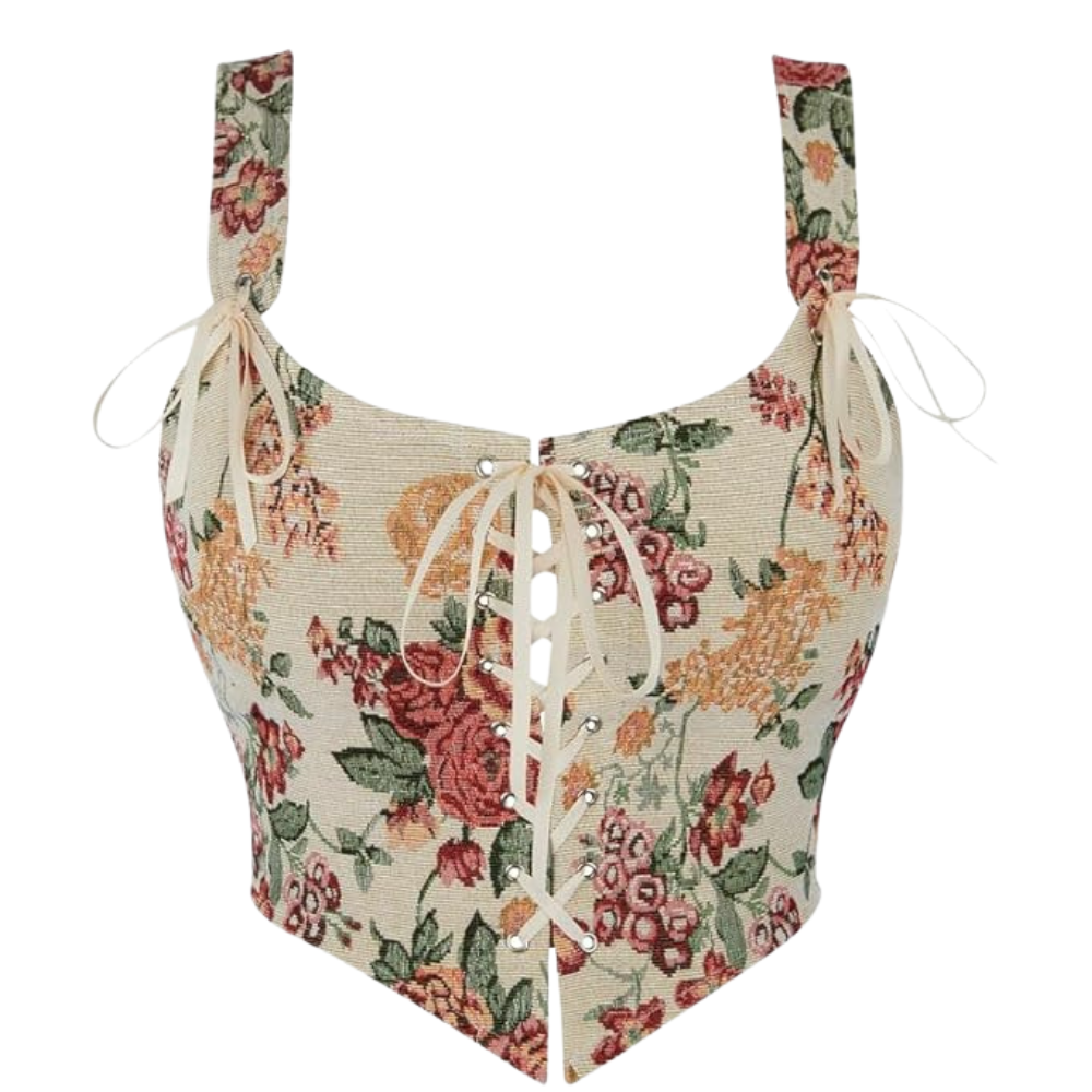 Vintage Floral Print Women Grommet Lace Up Tie Front Corset