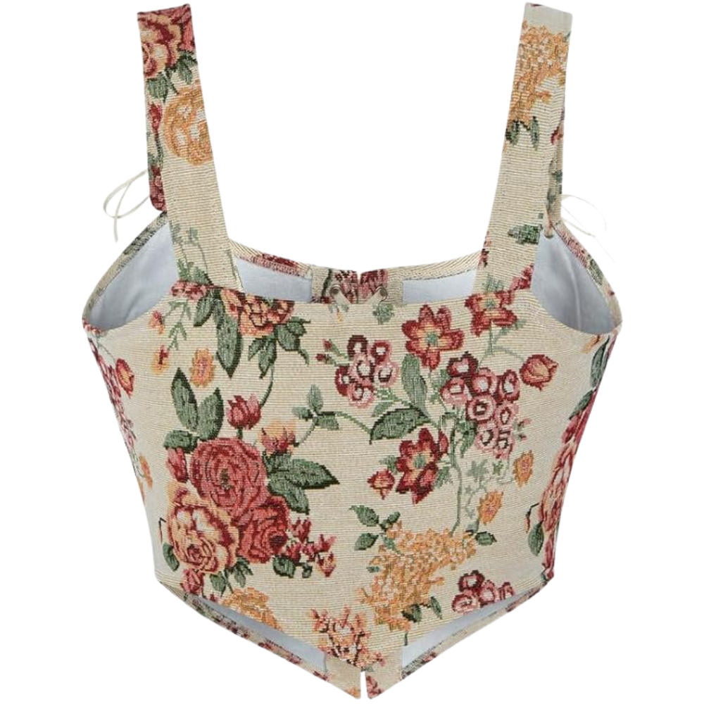 Vintage Floral Print Women Grommet Lace Up Tie Front Corset