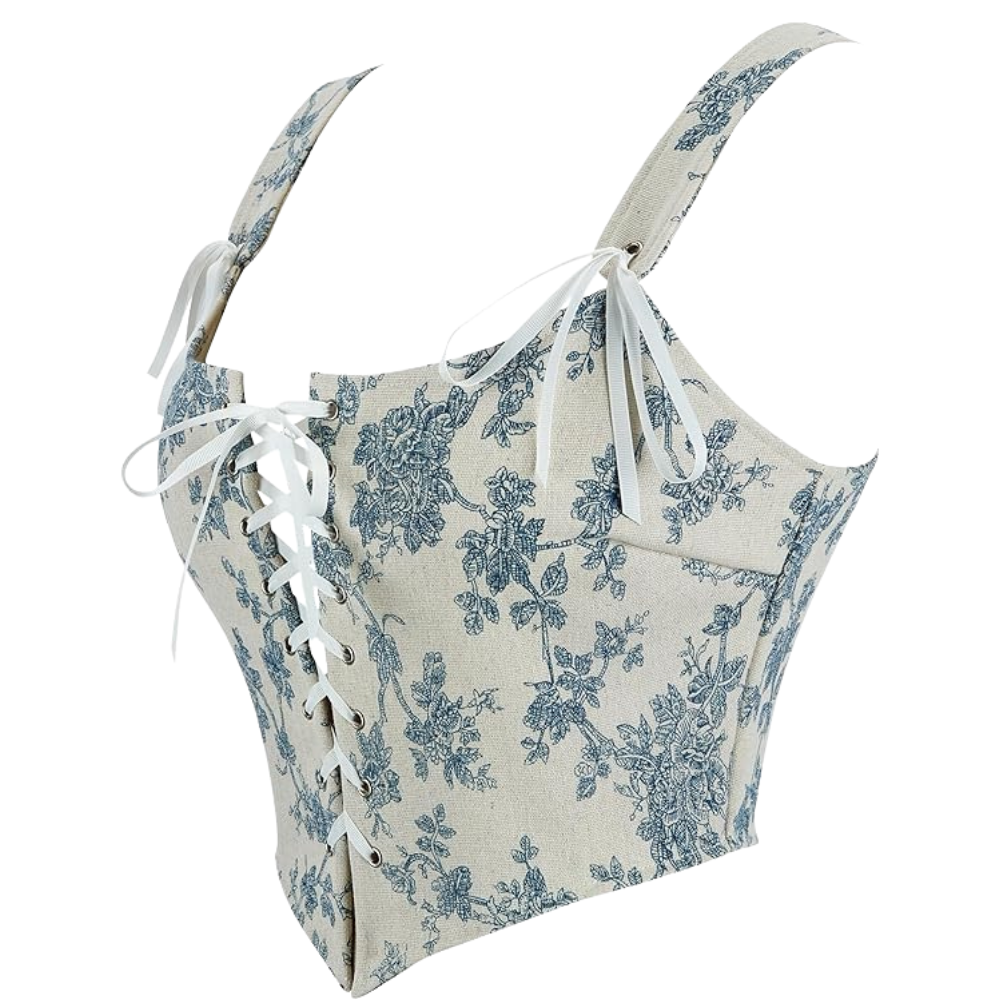 Vintage Floral Print Women Grommet Lace Up Tie Front Corset