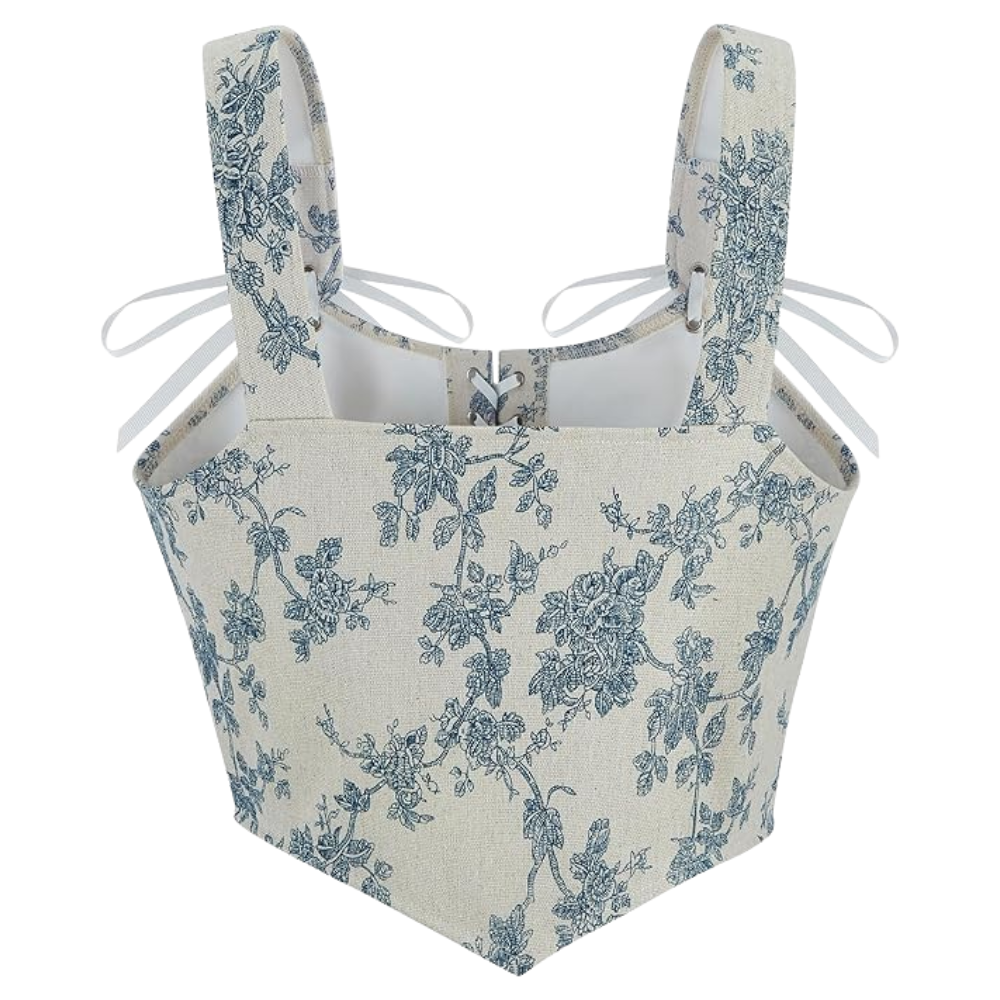 Vintage Floral Print Women Grommet Lace Up Tie Front Corset