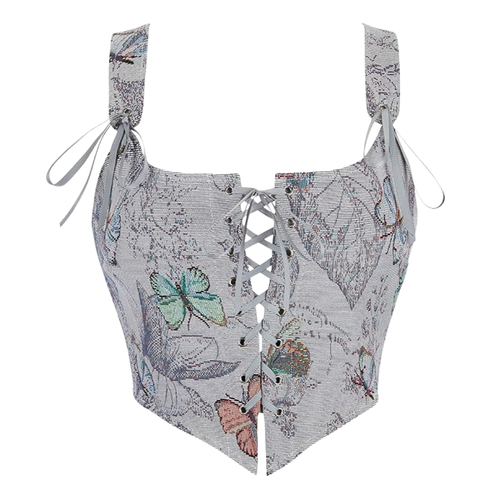 Vintage Floral Print Women Grommet Lace Up Tie Front Corset