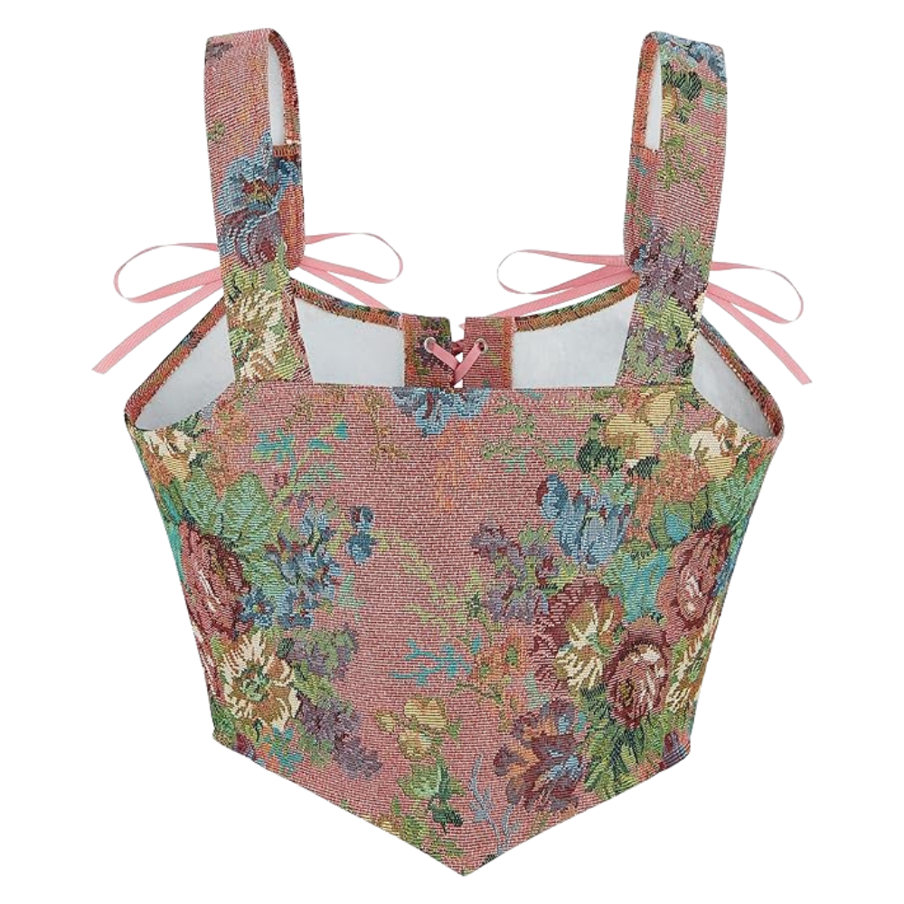 Vintage Floral Print Women Grommet Lace Up Tie Front Corset