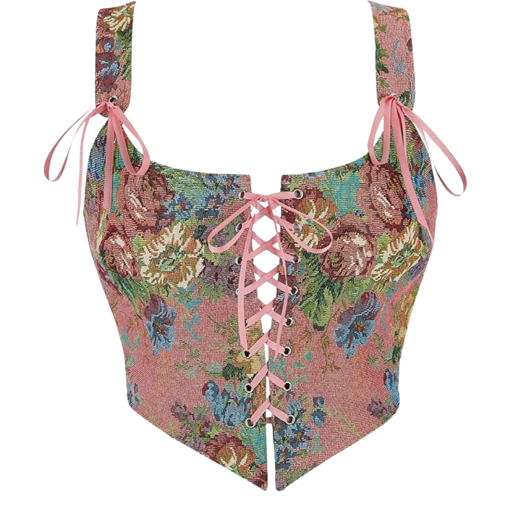 Vintage Floral Print Women Grommet Lace Up Tie Front Corset
