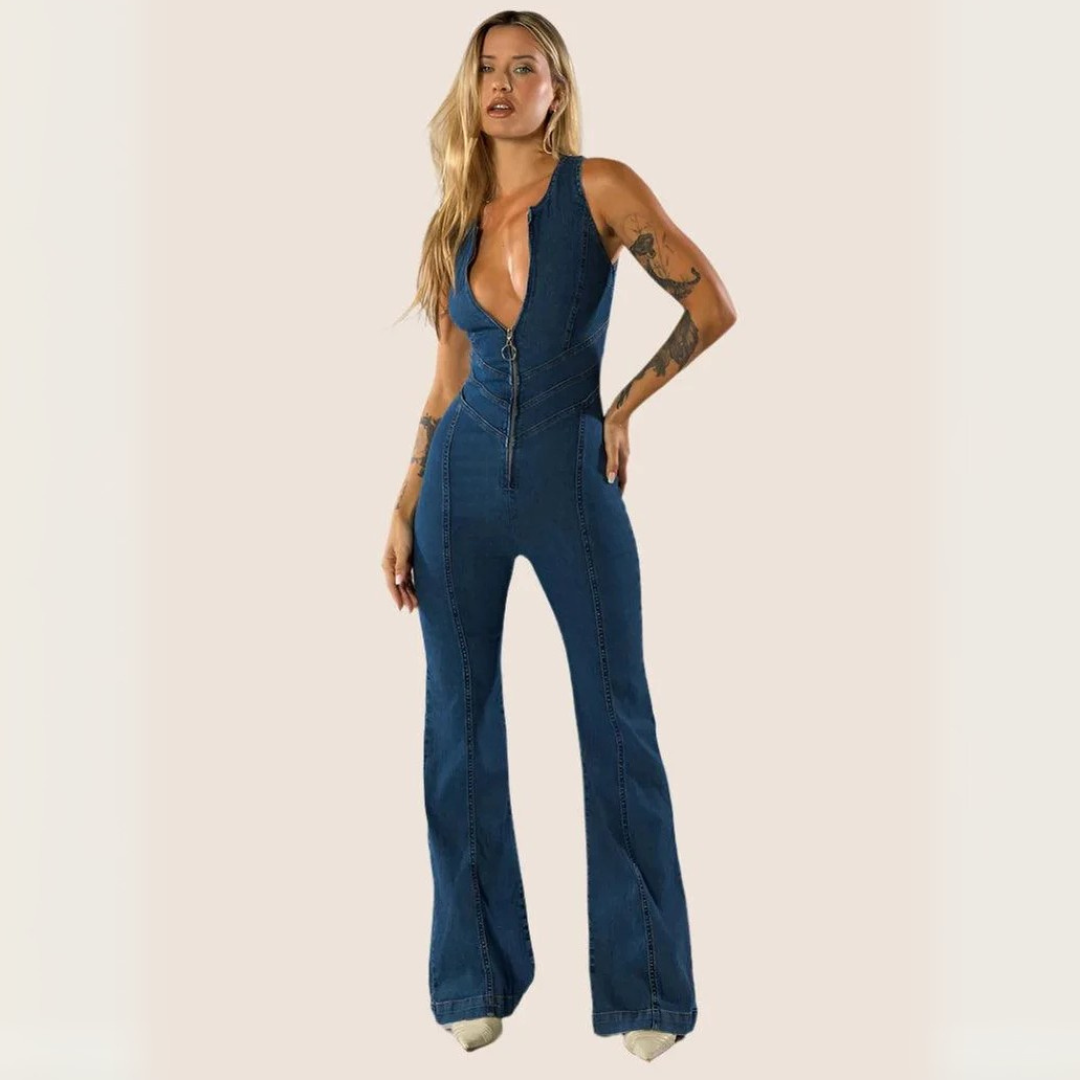 Plunge Flare Denim Jumpsuit – Vintage-Inspired Fashion with Modern Fit-Secret Slim Wear