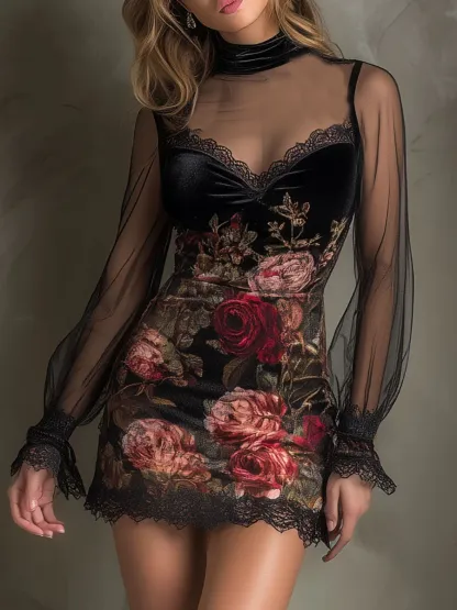 Velvet Rose Print Tulle Lace Trim Mini Dress