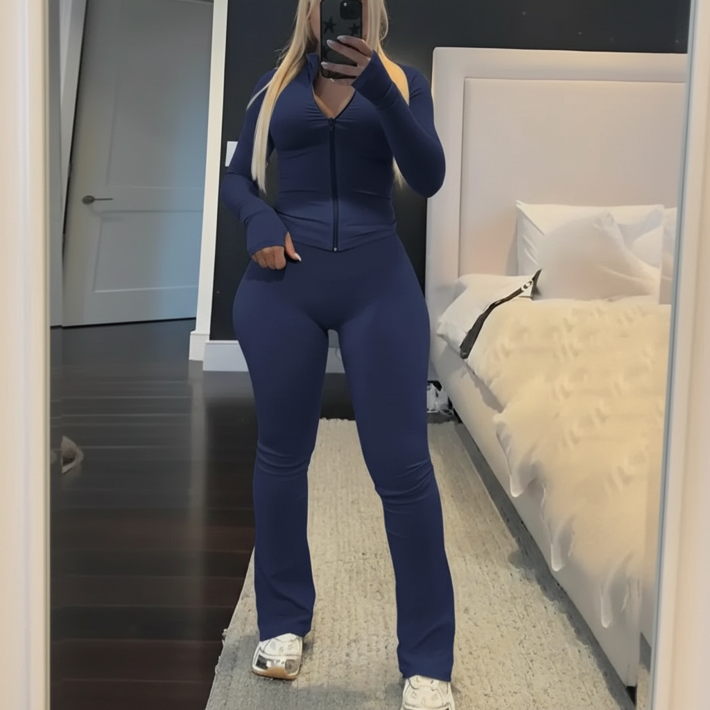 Zip Up Crop Top And High Rise Skinny Pants Set For Women