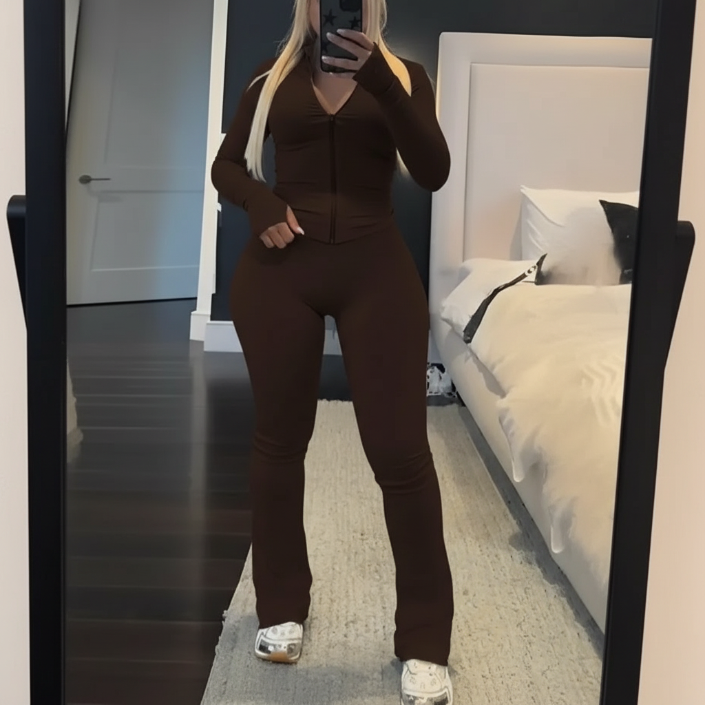Zip Up Crop Top And High Rise Skinny Pants Set For Women