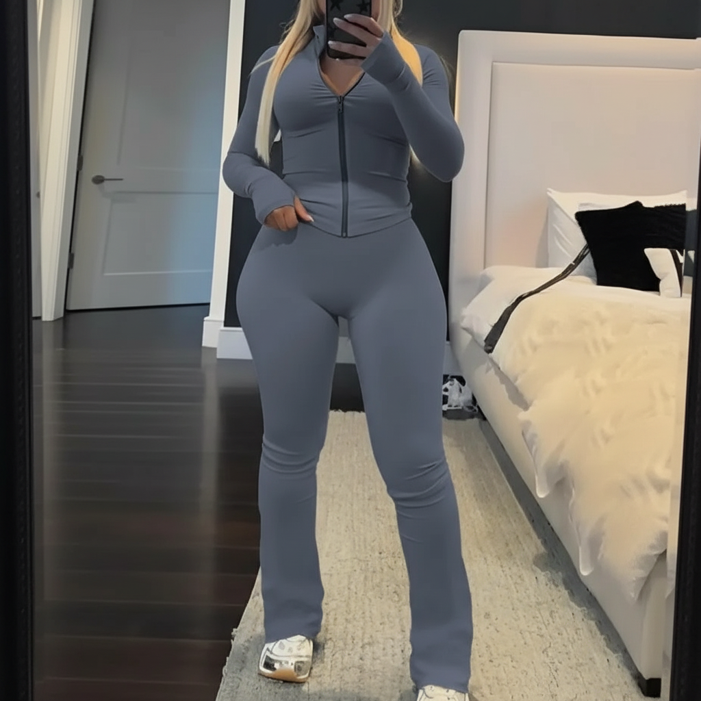 Zip Up Crop Top And High Rise Skinny Pants Set For Women