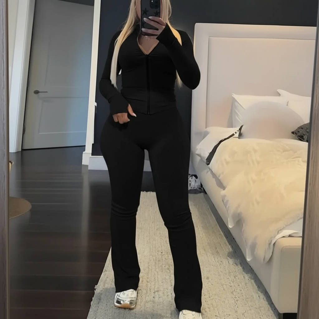 Zip Up Crop Top And High Rise Skinny Pants Set For Women