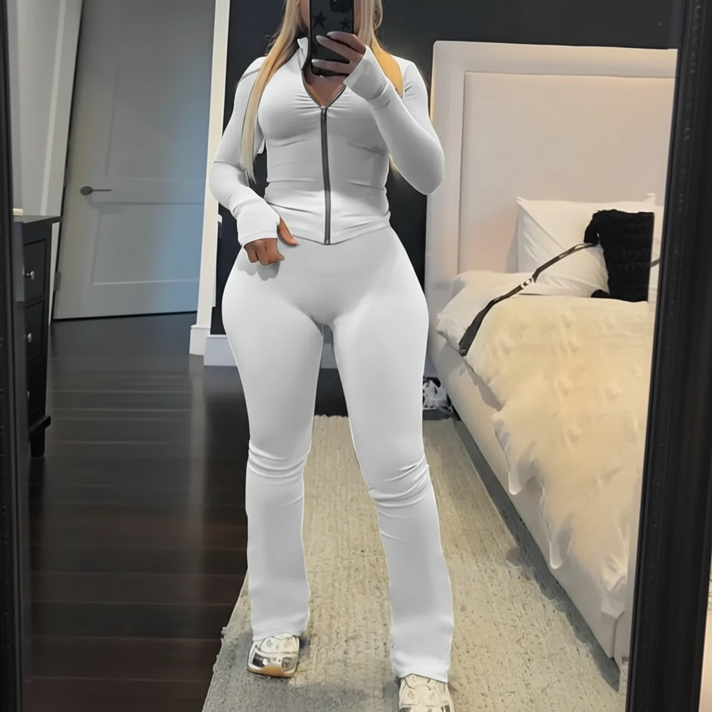 Zip Up Crop Top And High Rise Skinny Pants Set For Women