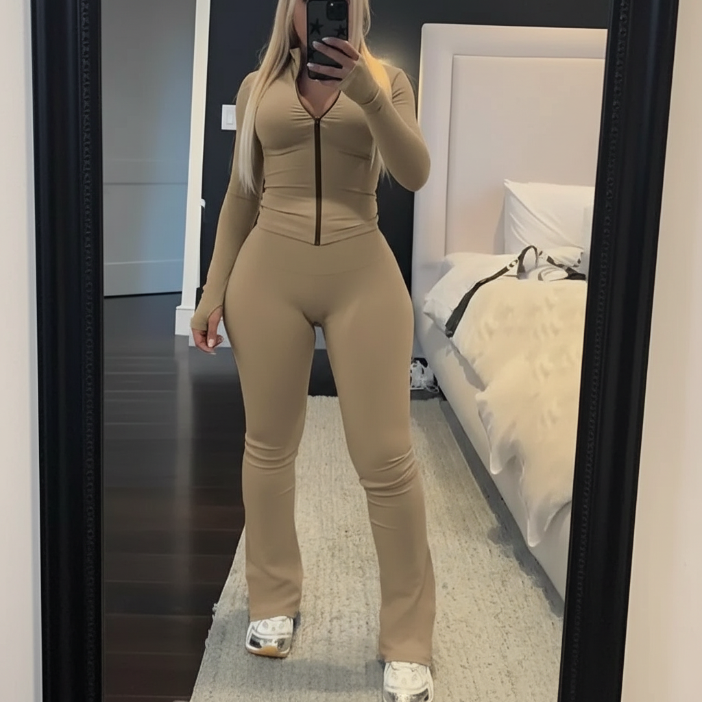 Zip Up Crop Top And High Rise Skinny Pants Set For Women
