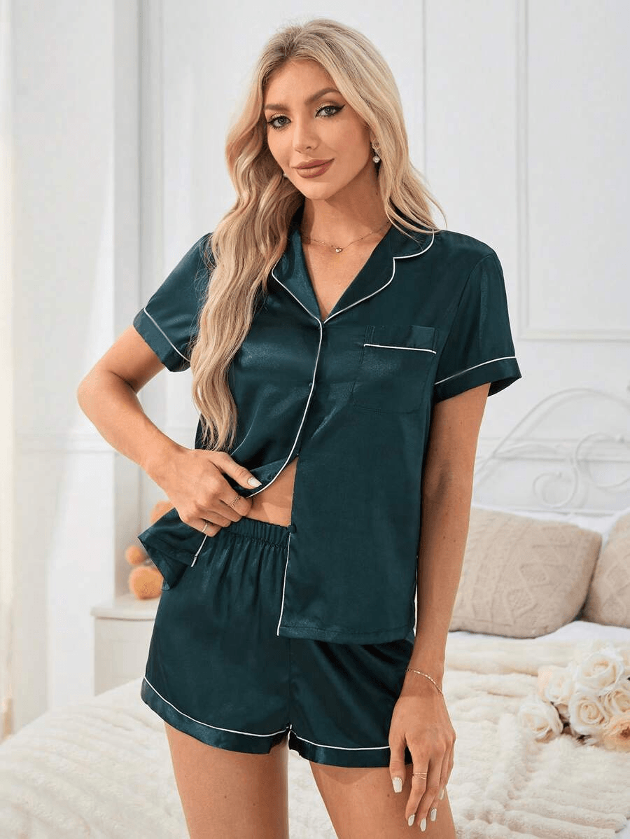 Contrast Button Up Pajamas – Soft Satin Sleepwear for Comfort-Secret Slim Wear