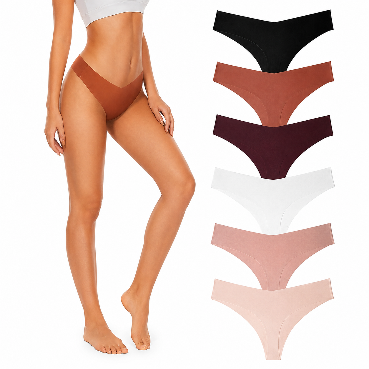 Pack Of 6 High Rise No Show Thong Bikini Panties For Women