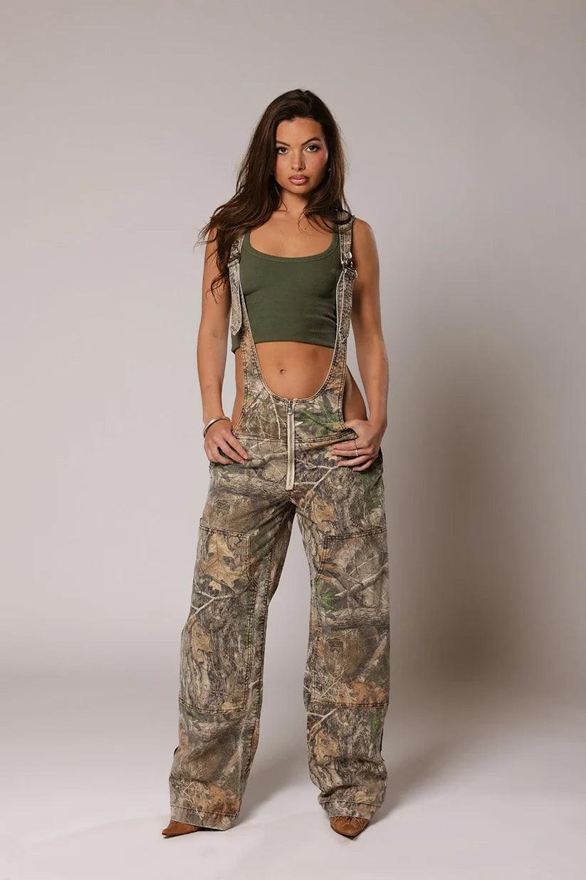 Camouflage Plunge Denim Overalls - Stylish & Durable Outdoor Wear-Secret Slim Wear