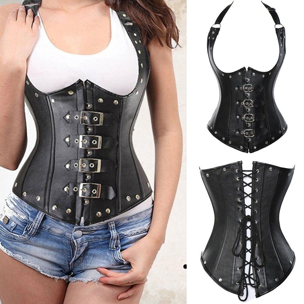 Steel-Boned Leather Corset – Adjustable Support with Rivet Detail-Secret Slim Wear