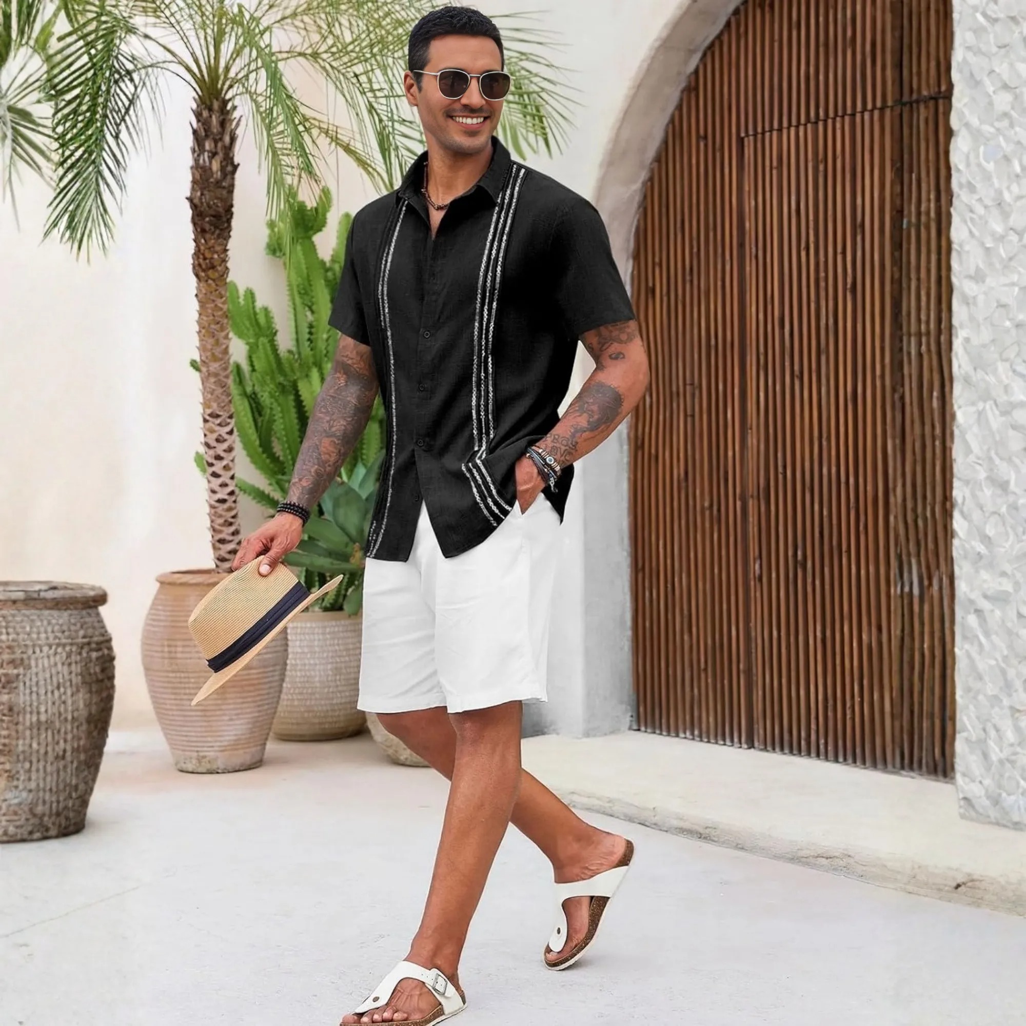   Button Down Cuban Guayabera Sleeve Shirts Short 