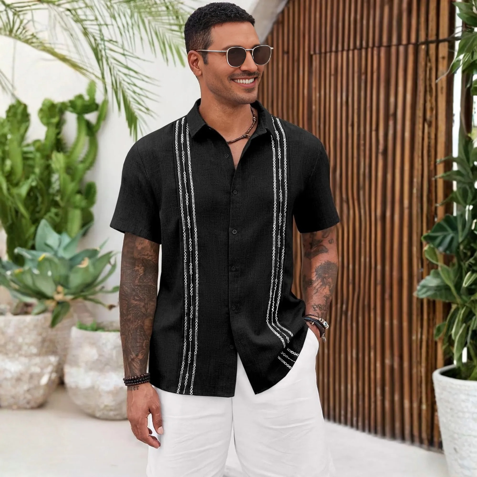   Button Down Cuban Guayabera Sleeve Shirts Short 
