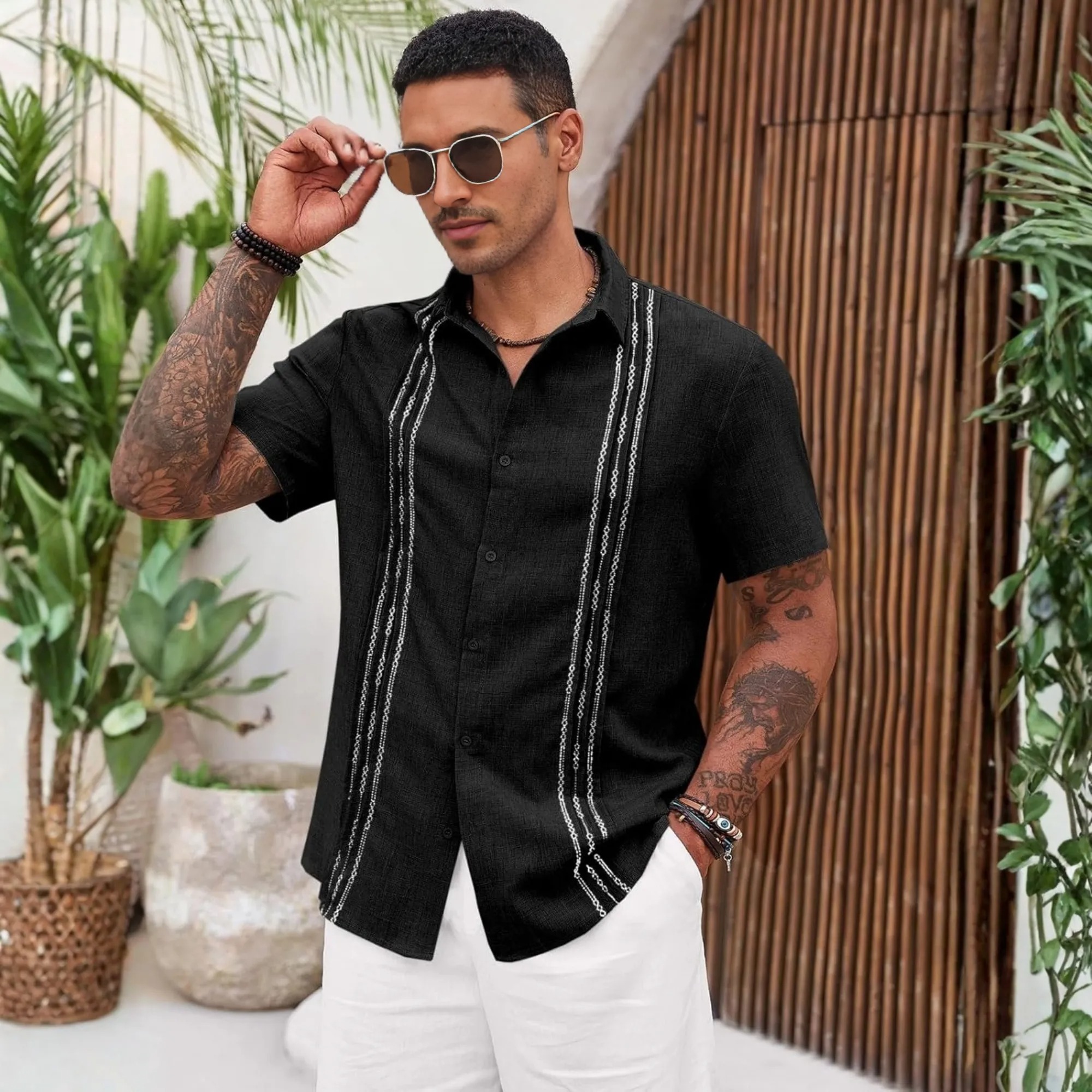   Button Down Cuban Guayabera Sleeve Shirts Short 