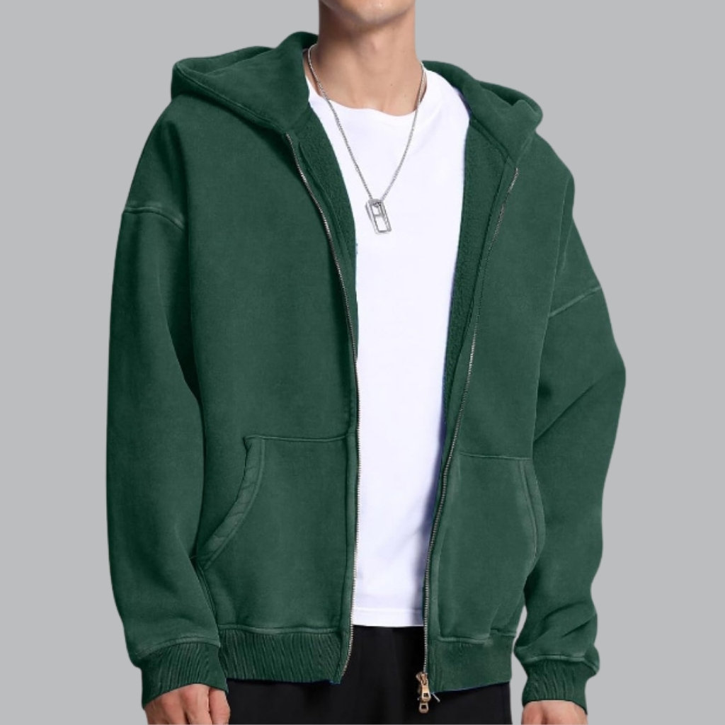  Double Zip Up Hoodie Oversized Acid Wash Heavyweight Fleece Cotton Zipper Hoodie