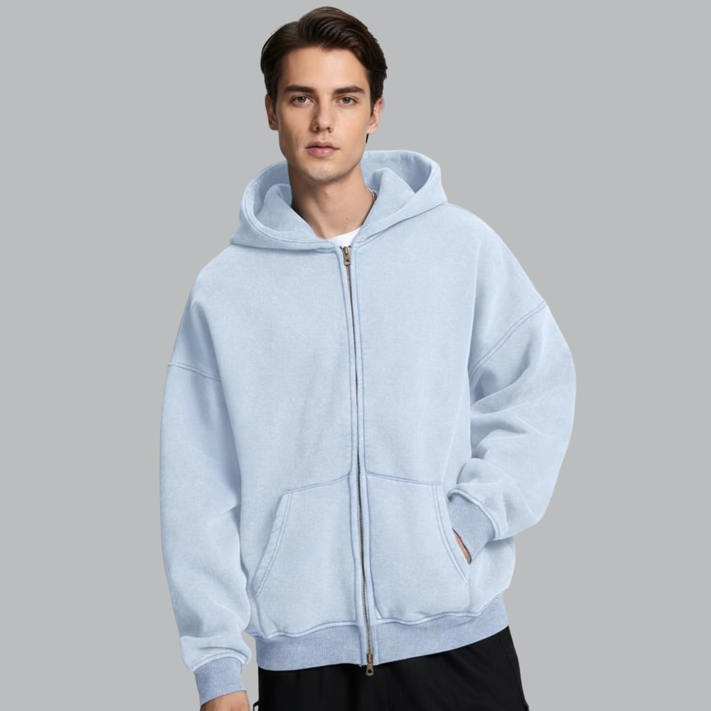  Double Zip Up Hoodie Oversized Acid Wash Heavyweight Fleece Cotton Zipper Hoodie