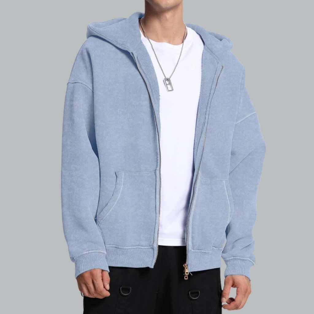  Double Zip Up Hoodie Oversized Acid Wash Heavyweight Fleece Cotton Zipper Hoodie