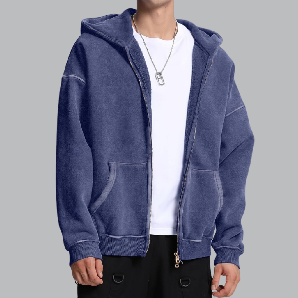  Double Zip Up Hoodie Oversized Acid Wash Heavyweight Fleece Cotton Zipper Hoodie
