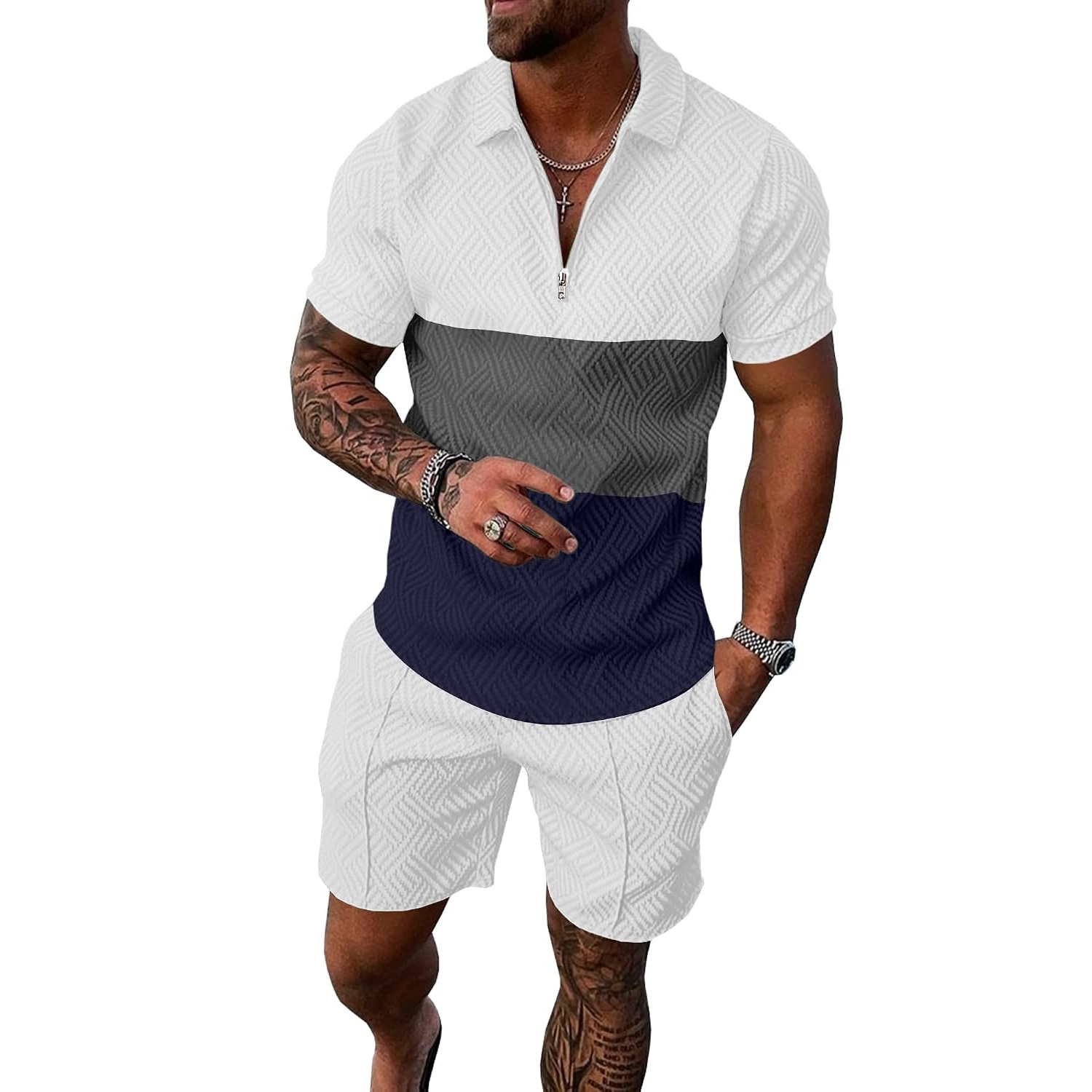 Summer Track Short Sleeve Suit Set With Zip For Men