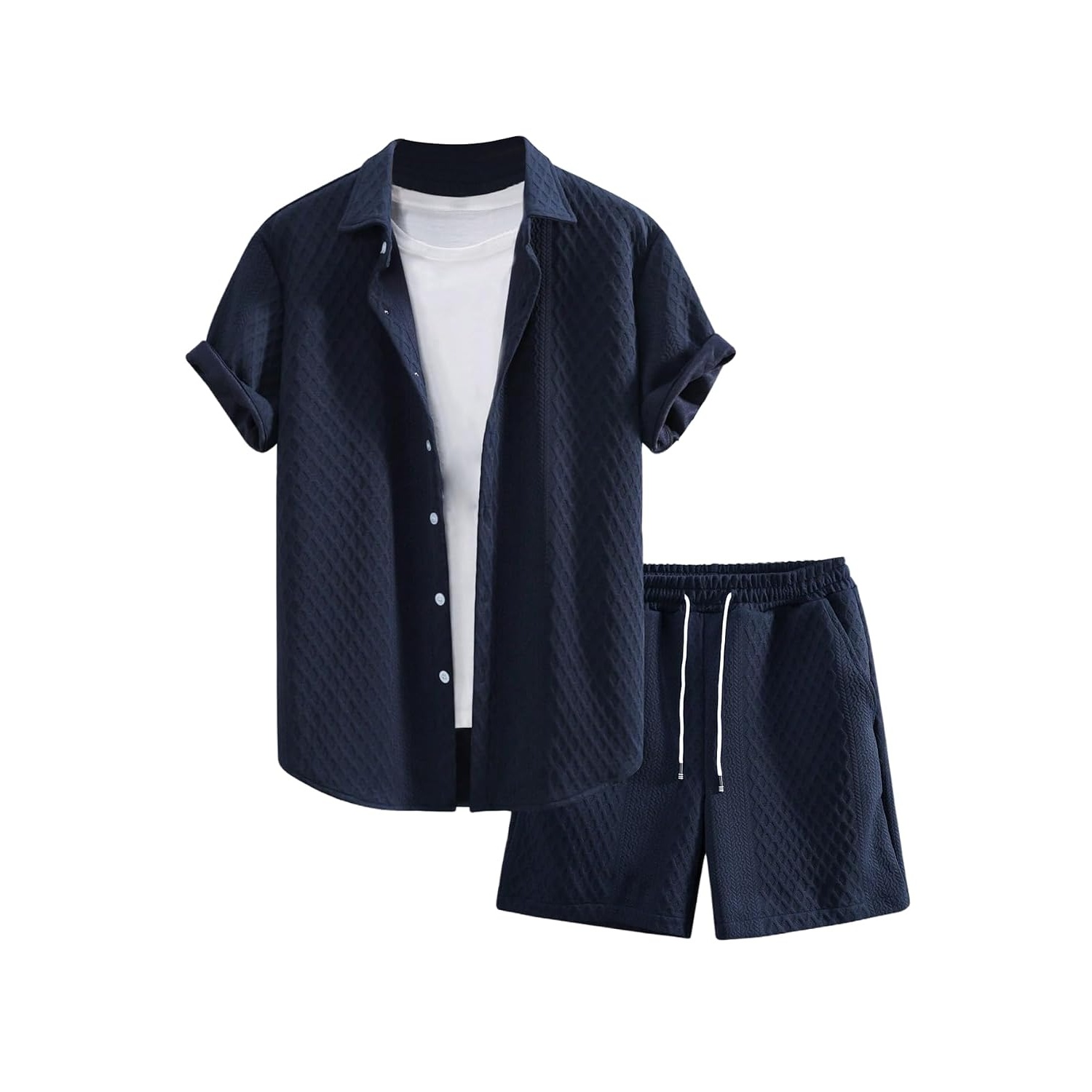 Waffle Knit Button Down Shirt and Shorts Set For Men