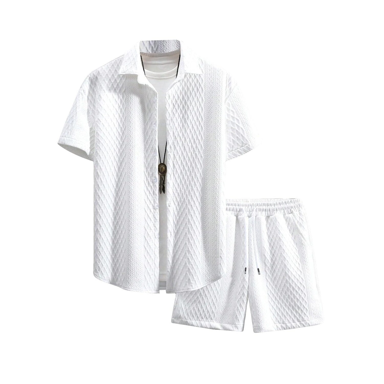 Waffle Knit Button Down Shirt and Shorts Set For Men