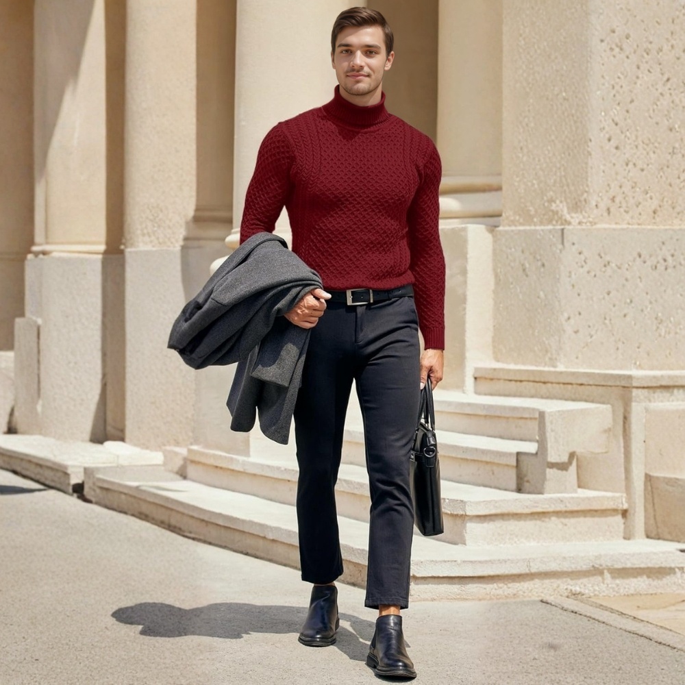 Men's Slim Fit Turtleneck Sweater Casual Knitted Twisted Pullover Solid Sweaters