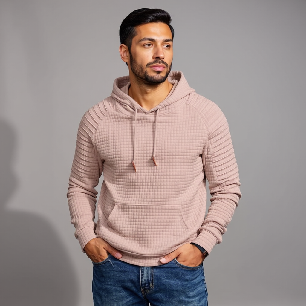 Men Long Sleeve Waffle Knit Pullover Hoodie with Kangaroo Pocket