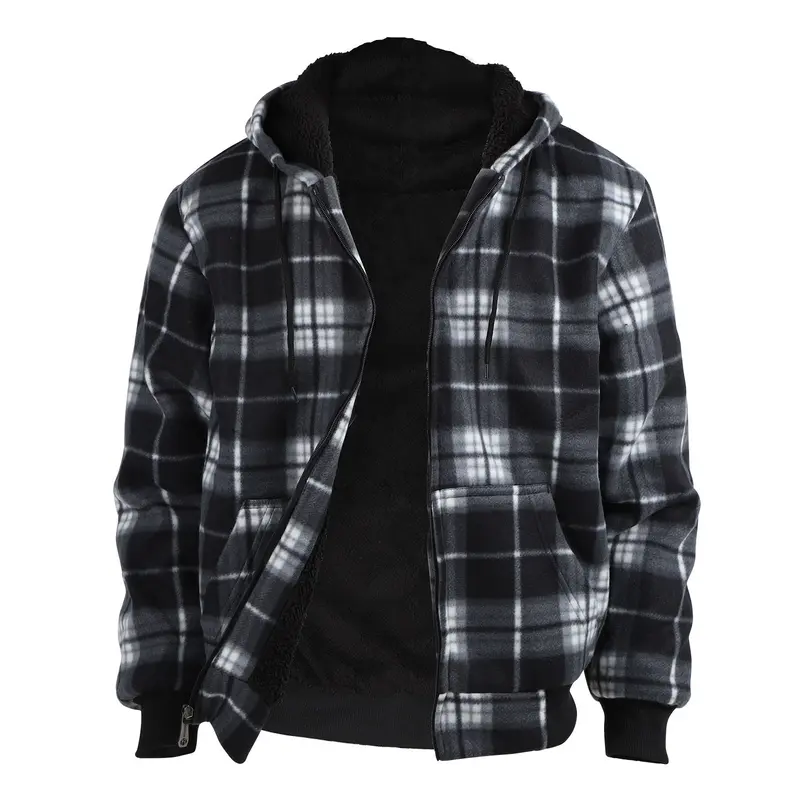 Plaid Fleece Zip Up Hoodie Jacket