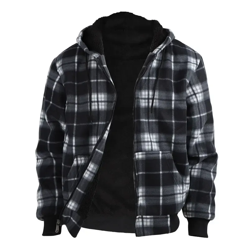 Plaid Fleece Zip Up Hoodie Jacket