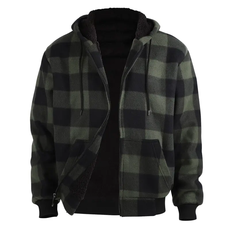 Plaid Fleece Zip Up Hoodie Jacket
